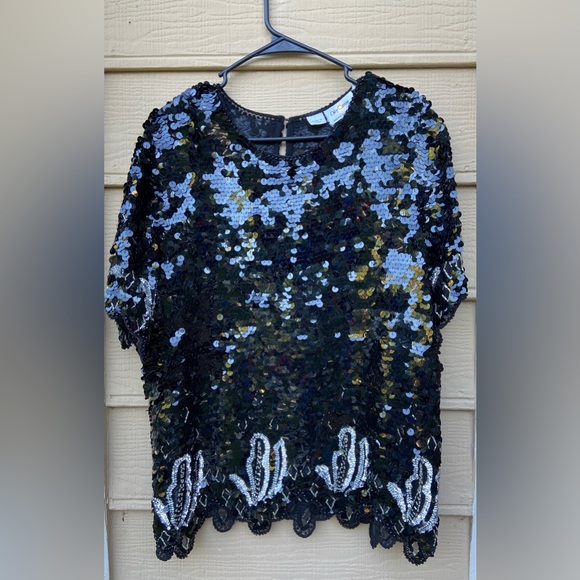 Oleg Cassini 100% Silk Sequins Evening Blouse Top Black - Picture 5 of 8